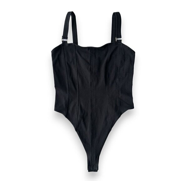 H&M WOMENS BLACK SQUARE NECK THONG BODYSUIT WITH  SILVER ACCENTS SIZE US S - Picture 1 of 14